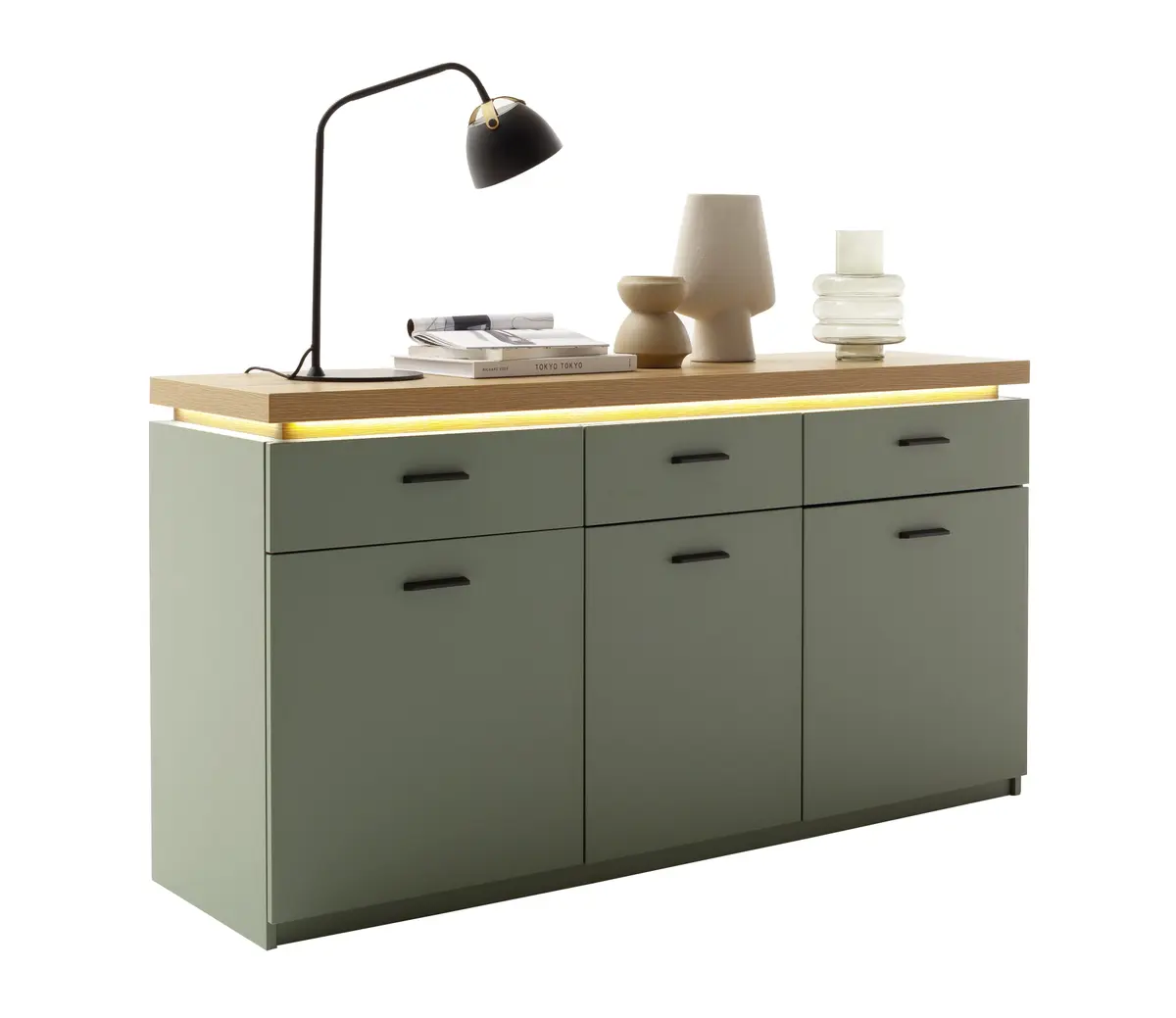 Sideboard - mit Beleuchtung, B ca. 156 cm, Salbeigrün, Eiche Evoke Nachbildung