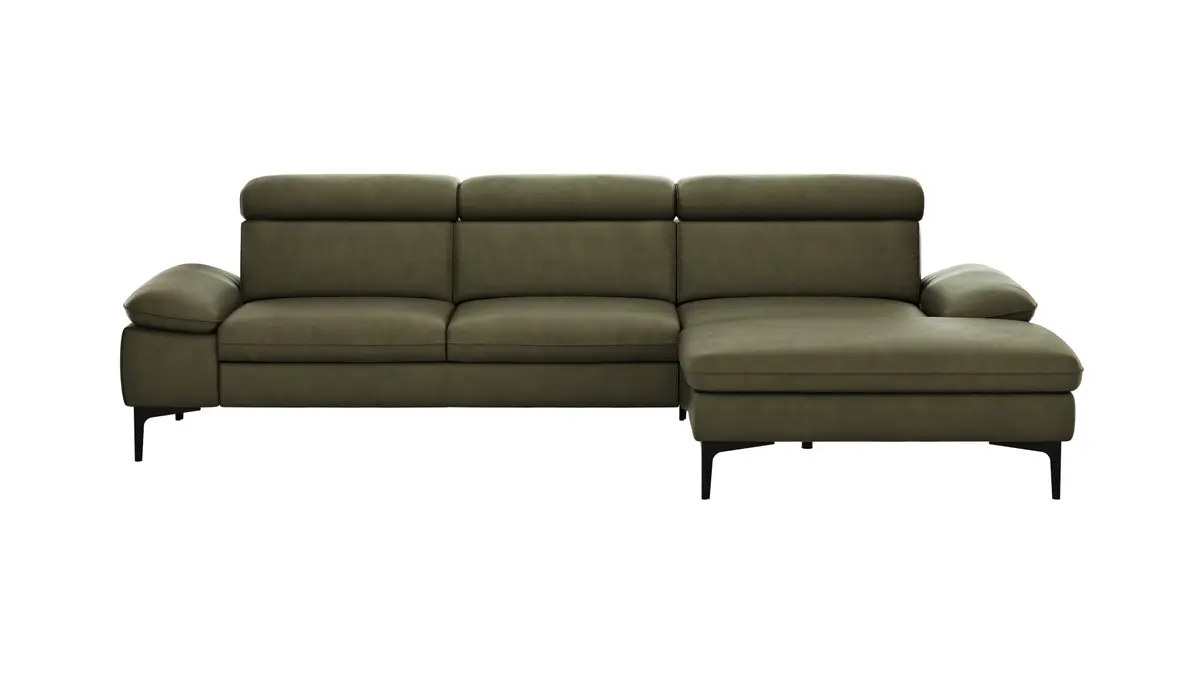 Ecksofa Felipa - 2,5-Sitzer mit Longchair rechts inkl. Kopfteil verstellbar, Leder, Olive
