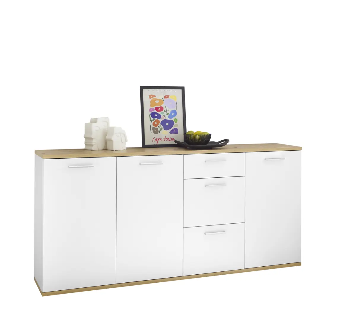 Kommode - B ca. 180 cm, Weiß, Artisan Eiche Nachbildung