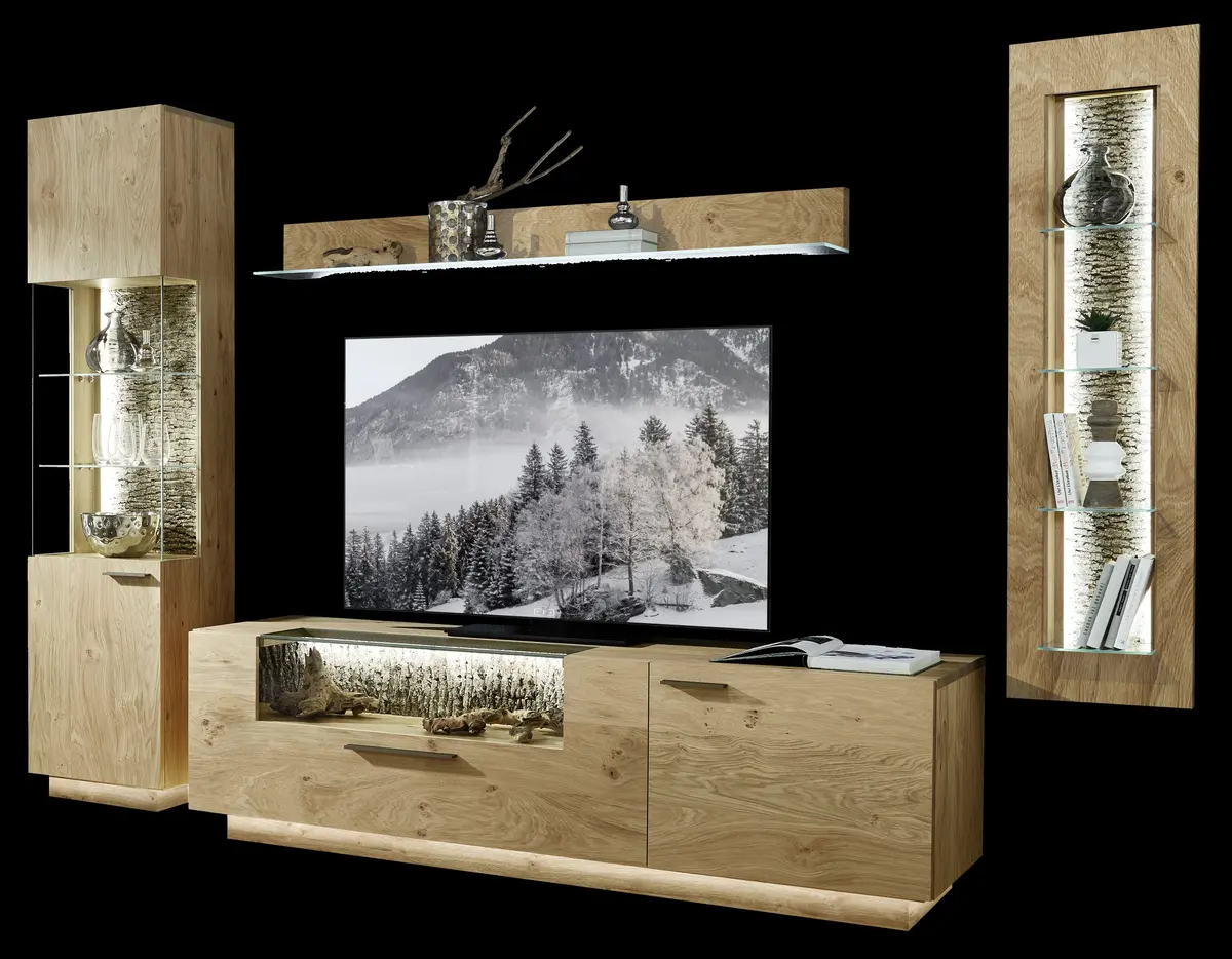 Wohnwand - mit Beleuchtung, Kernwildasteiche Furnier, Nischenrückwand echte Baumrinde