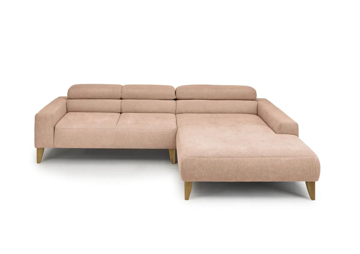Ecksofa CHENOA - 2-Sitzer mit Longchair rechts, Kopfteil verstellbar, Stoff, Pfirsich