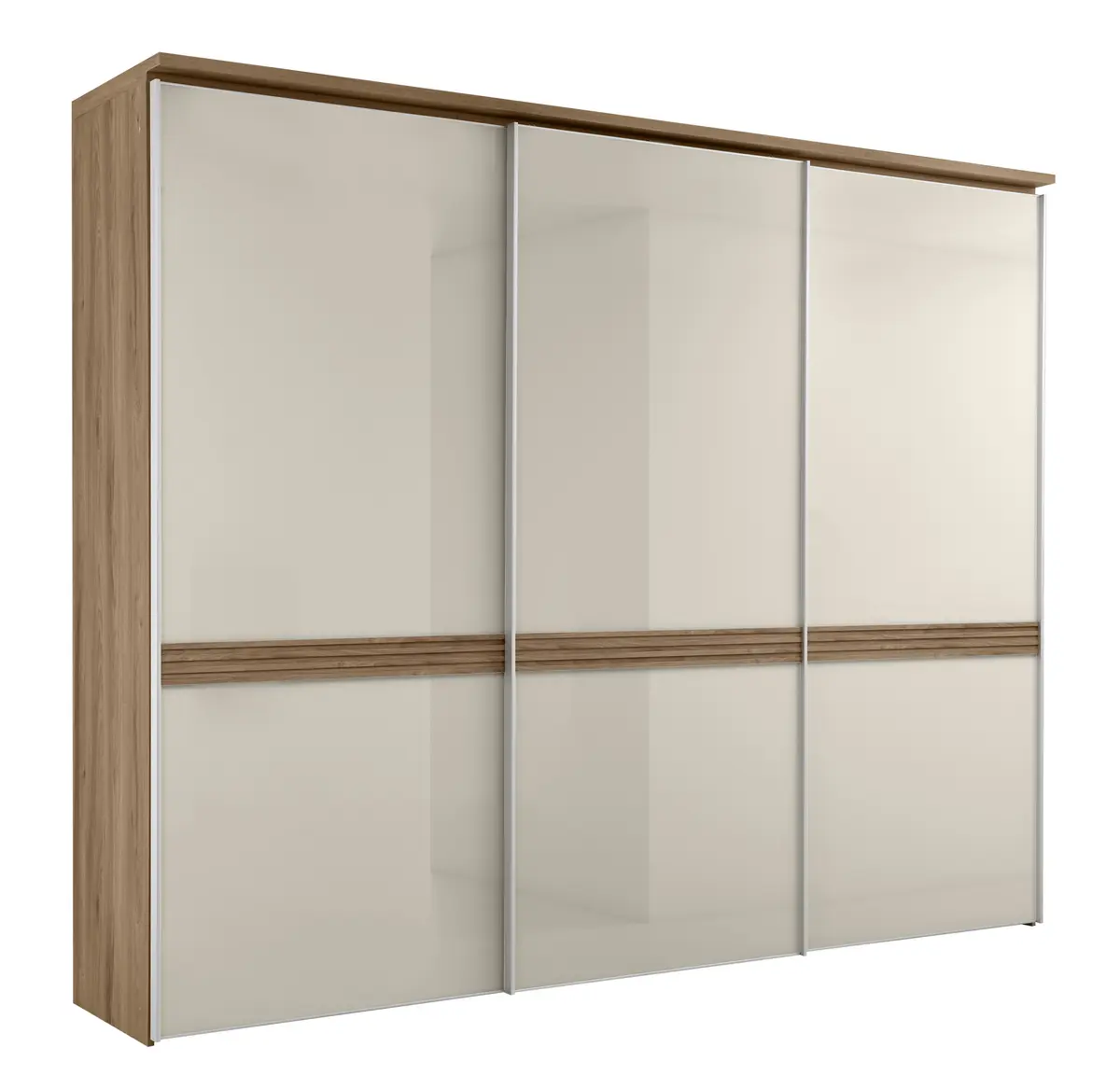 Schwebetürenschrank - B. ca. 280 cm, Elfenbeinglas, Eiche Dekor