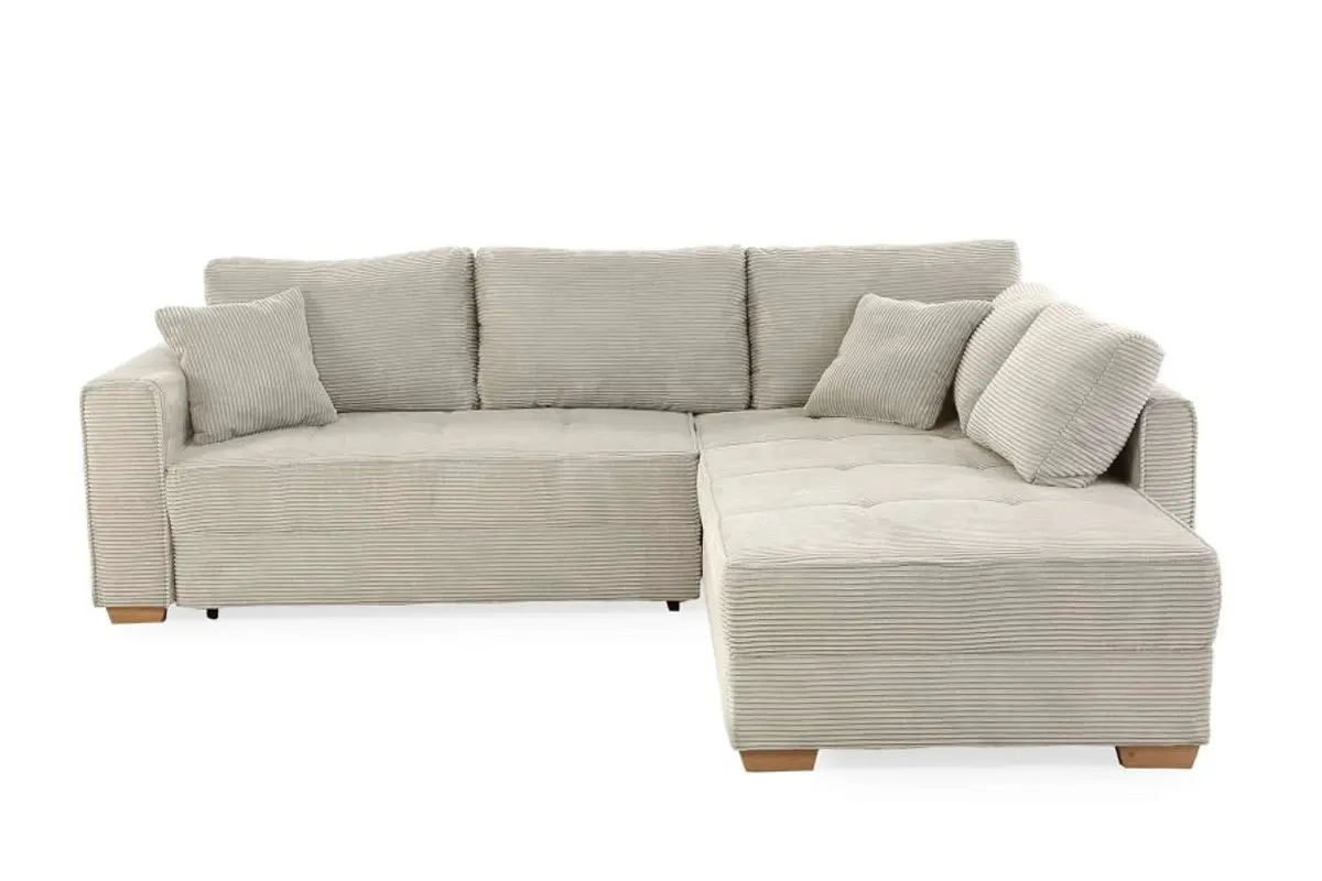 Ecksofa JAMELL - 2,5-Sitzer, Ecke rechts inkl. Schlaffunktion mit Bettkasten, Stoff, Graubeige