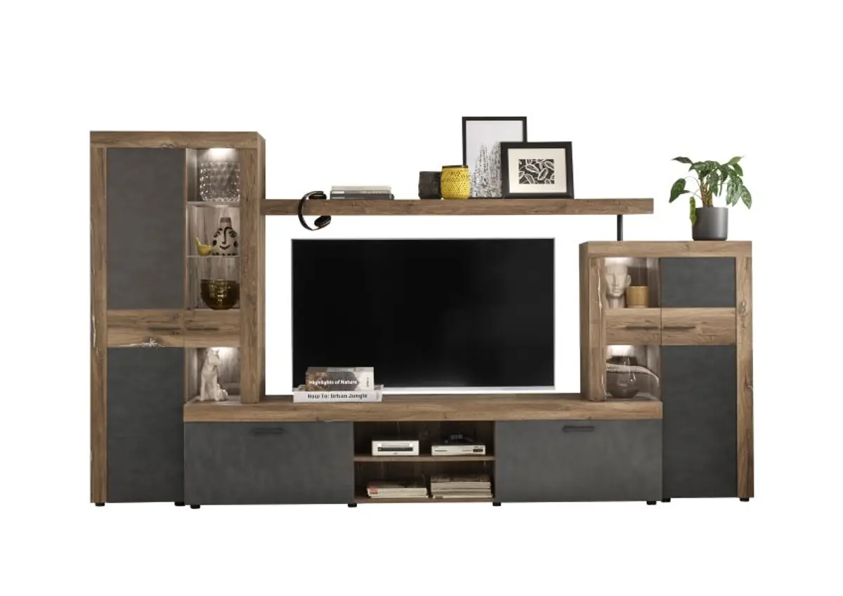 Wohnwand- Grau, Holzdekor