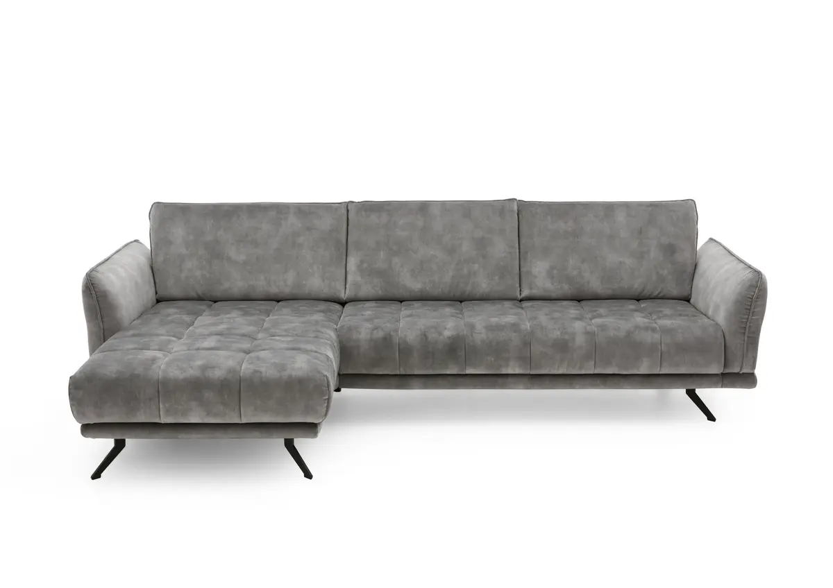 Ecksofa - Longchair links mit 3-Sitzer, Velourstoff, Silbergrau