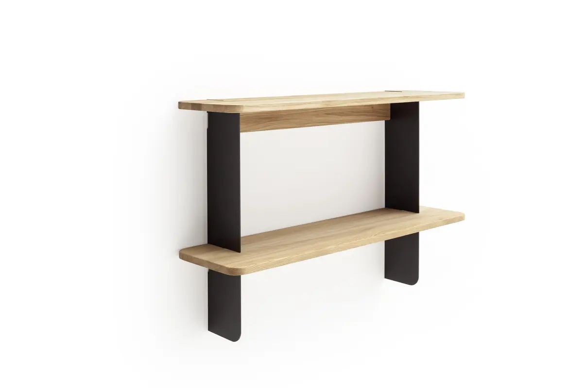 Wandregal Olai - Asteiche massiv, Metall, Schwarz