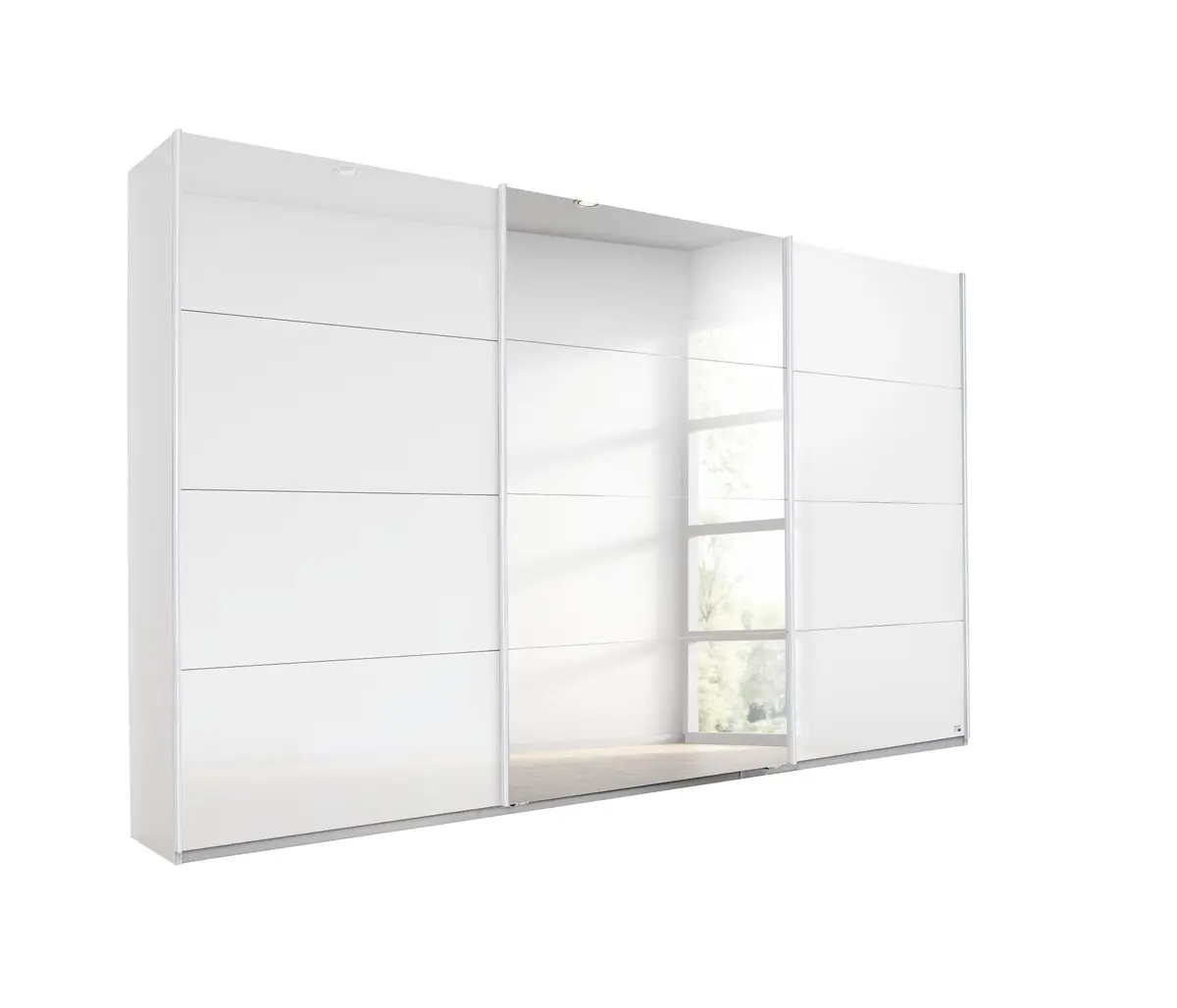 Schwebetürenschrank RIVASA- B ca. 361 cm, Weiß, Weiß Hochglanz, Spiegel