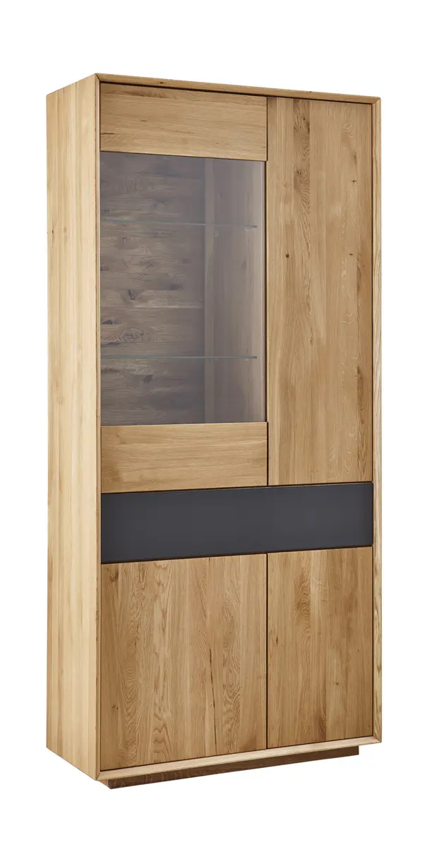 Vitrine Missoula - Asteiche massiv, natur geölt - Schublade mit Glas anthrazit