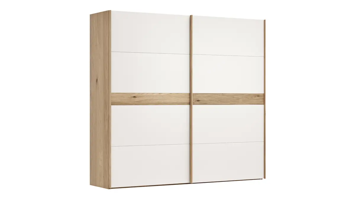 Schwebetürenschrank Viana - B ca. 241 cm, Lack, Weiß, Riffholz, Balkeneiche