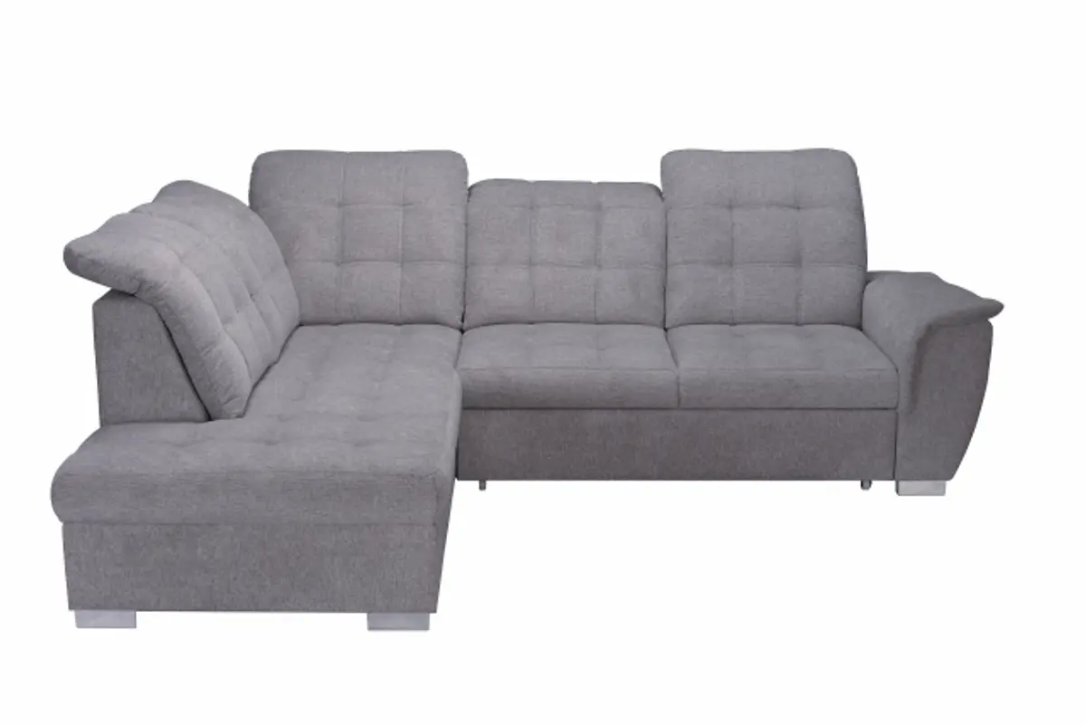 Ecksofa - Ecke links, 2-Sitzer inkl. Schlaffunktion und Bettkasten, verstellbare Kopfstützen, Stoff, Grau