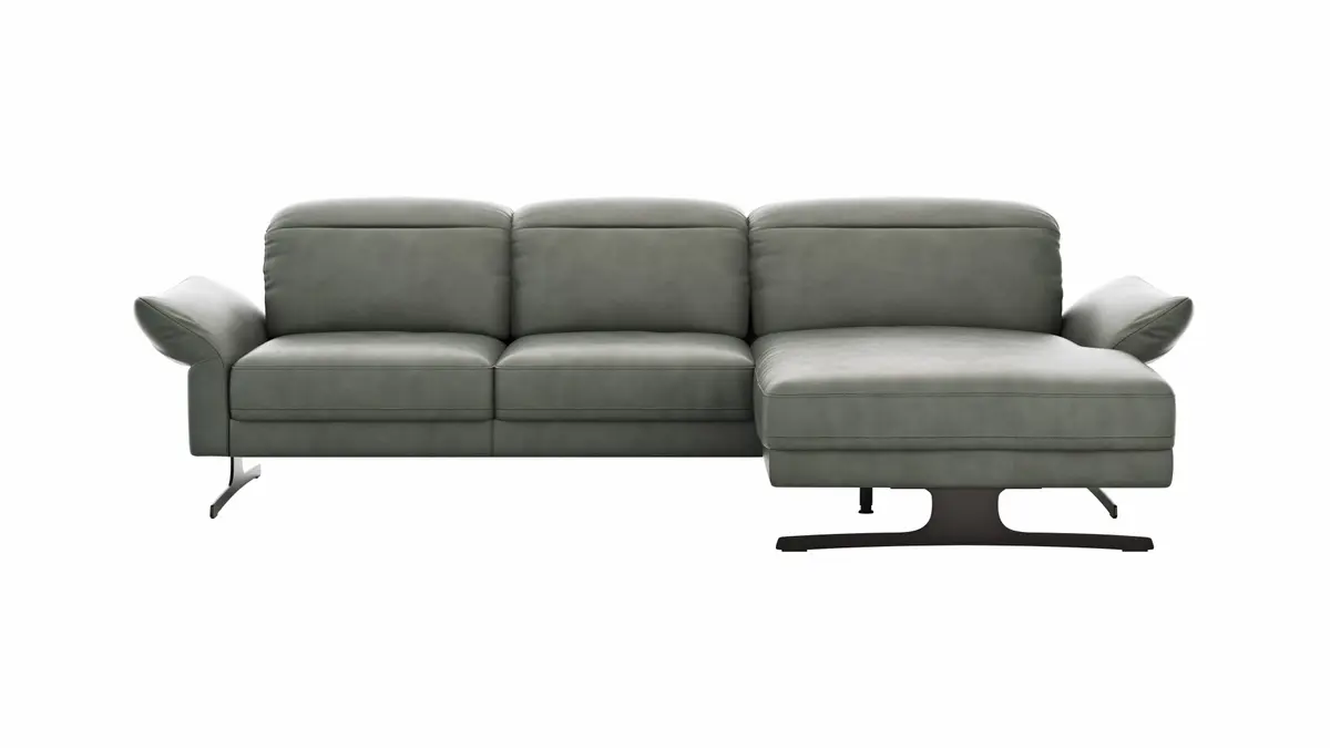 Ecksofa Rockport B - 2,5-Sitzer mit Longchair rechts inkl. Kopfteil/Sitztiefe/Armlehne verstellbar, Leder, Grau