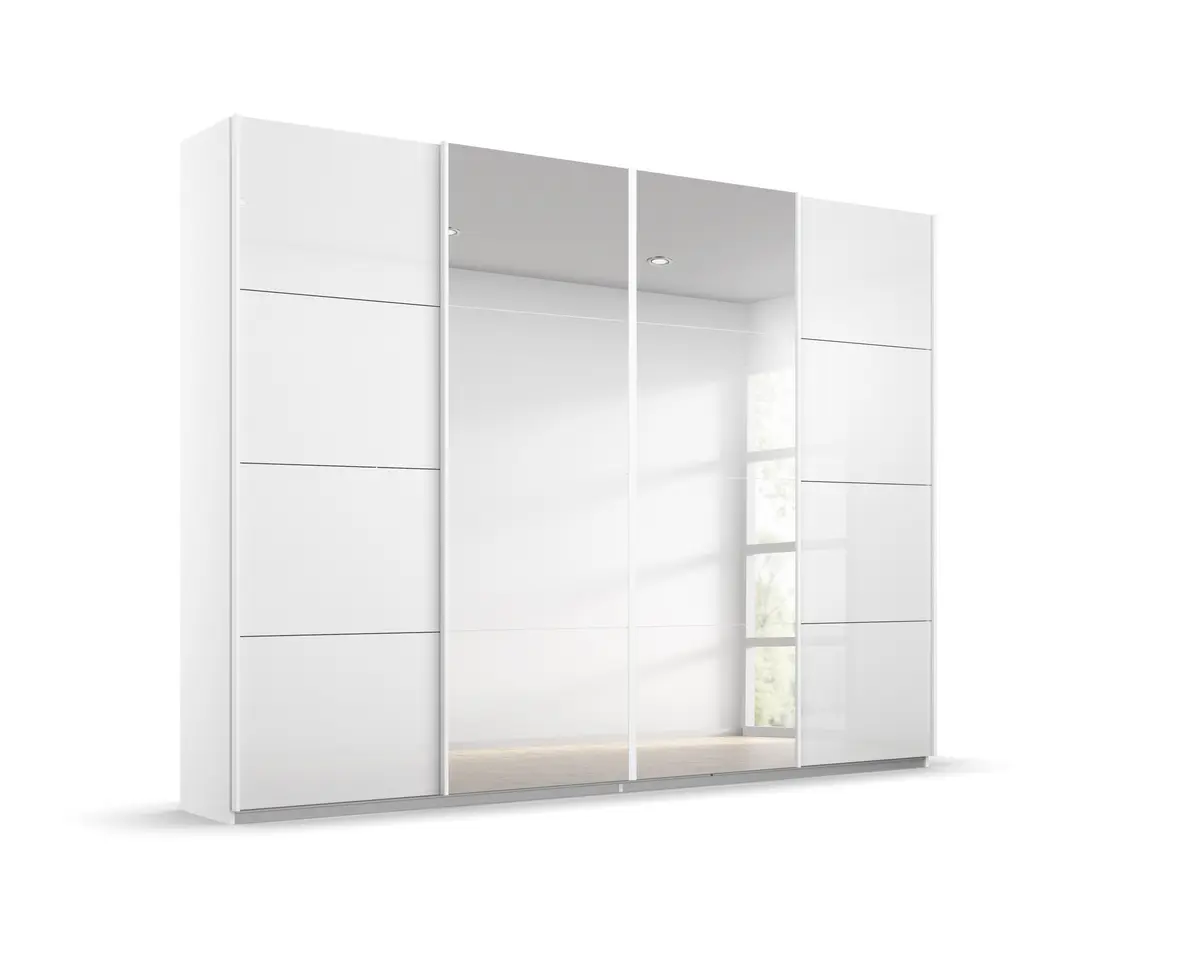 Schwebetürenschrank RIKK- B ca. 271 cm, Weiß, Weiß Hochglanz, Spiegel