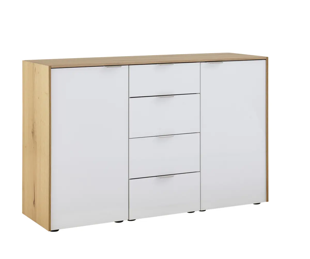 Kommode Colorado - BHT ca. 138x87x43 cm, Glas weiss mit Eiche furniert