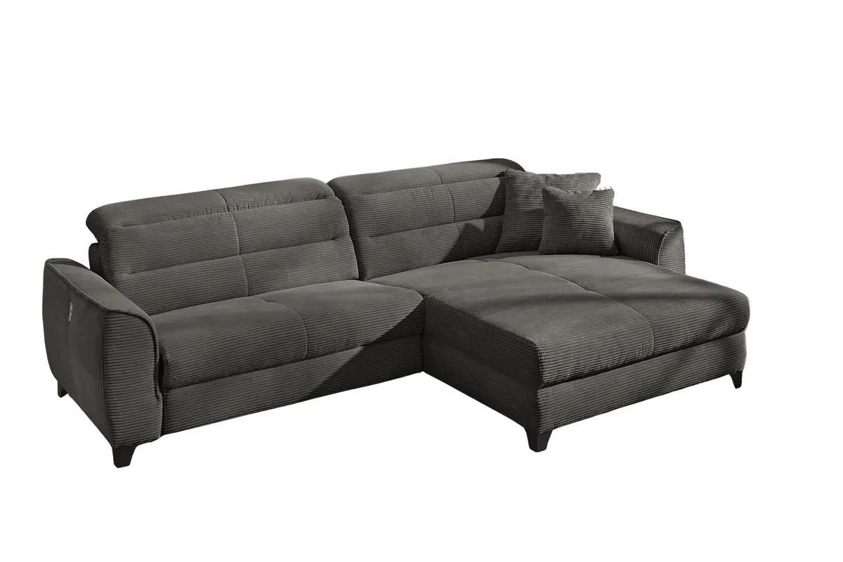 Ecksofa - 1-Sitzer mit Longchair rechts, Relaxfunktion motorisch, Kopfteil verstellbar, Cord, Grau