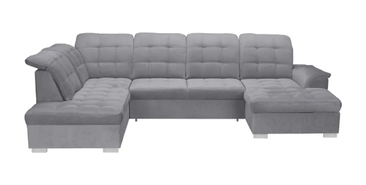 Wohnlandschaft - Ecke links, 2-Sitzer, Longchair rechts inkl. Schlaffunktion und Bettkasten, verstellbare Kopfstützen, Stoff, Grau