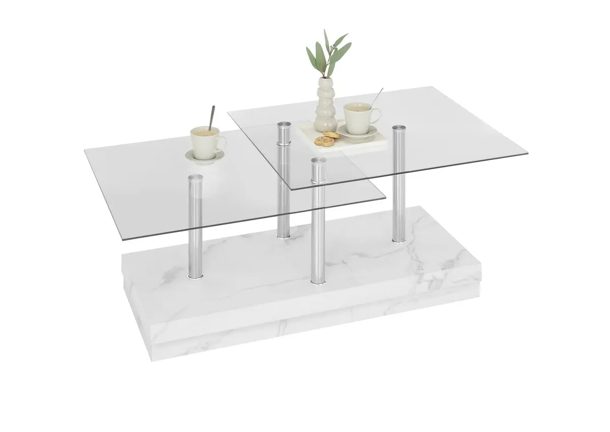 Couchtisch - LB ca. 110x60 cm, Glas, Edelstahloptik, Weiß marmoriert