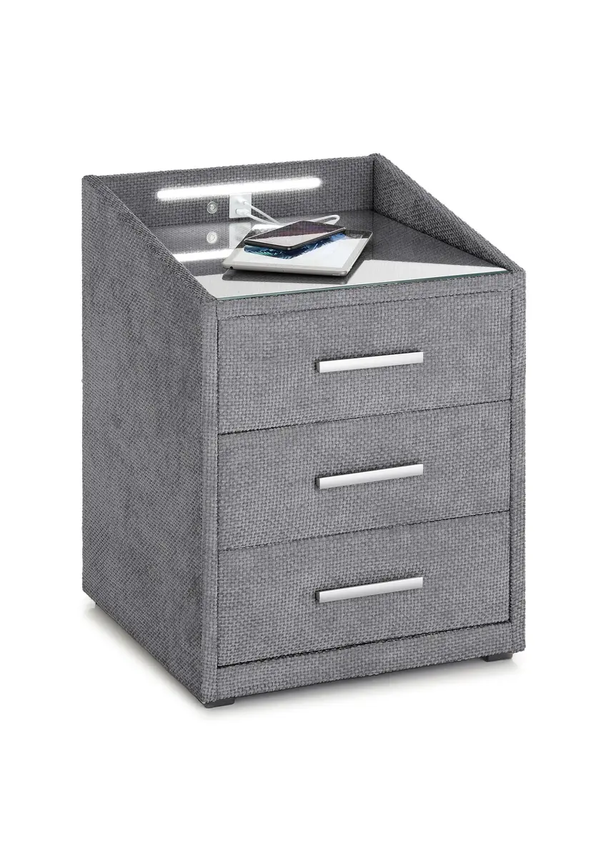 Nachttisch- Grau, mit Glasplatte, inkl. Beleuchtung