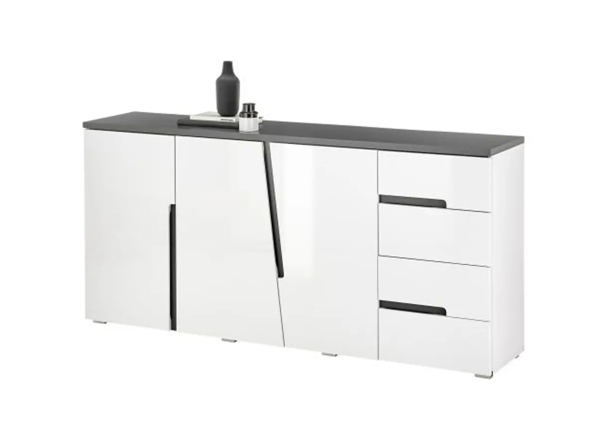 Sideboard - B ca. 176 cm, Weiß, Weiß Hochglanz, Anthrazit