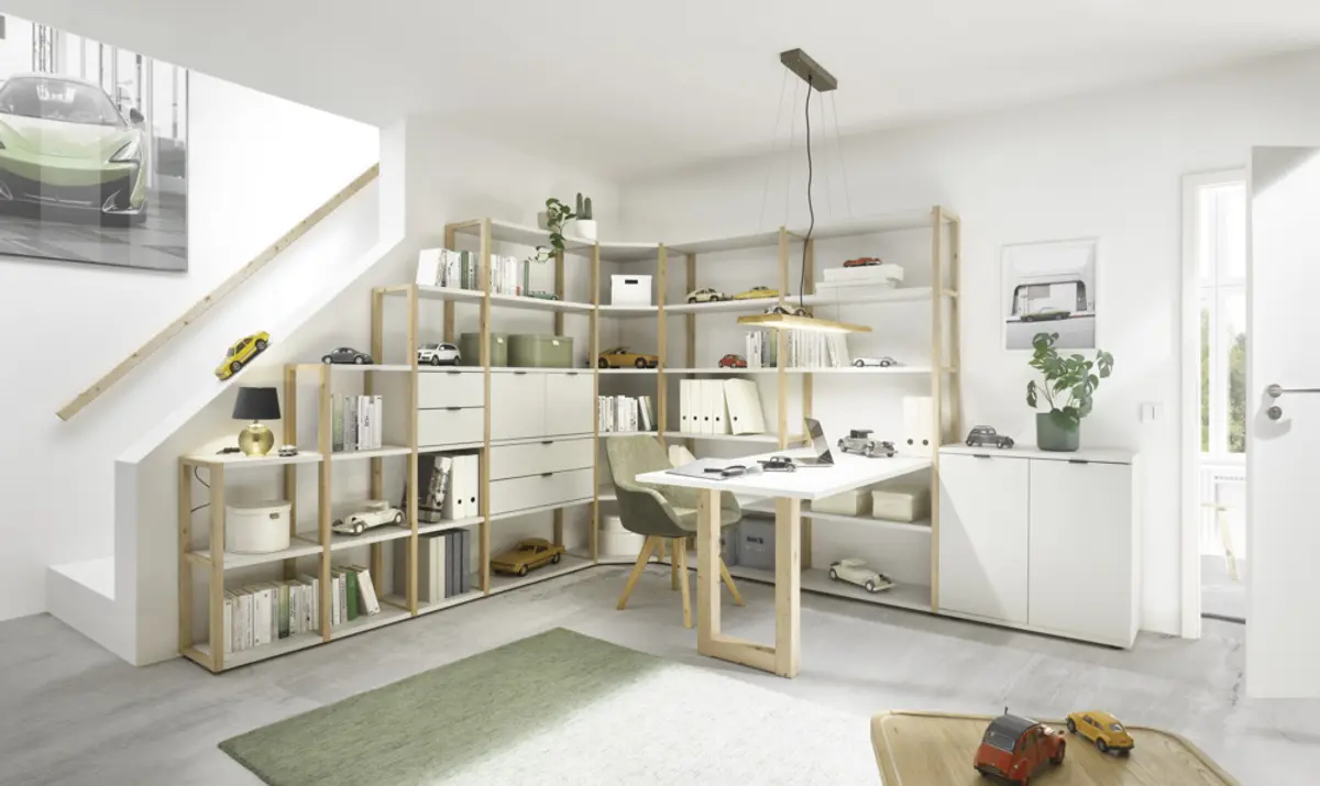 Regalsystem- Eiche Dekor, Kreidegrau, Matt, Lack