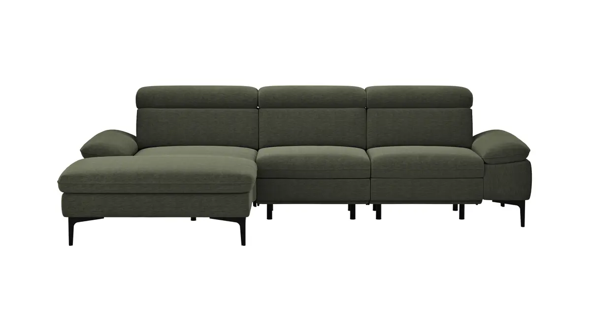 Ecksofa Felipa - Longchair links mit 2,5-Sitzer inkl. Armlehne verstellbar und Rückenlehne/Sitztiefe verstellbar (motorisch), Stoff, Dunkelgrün