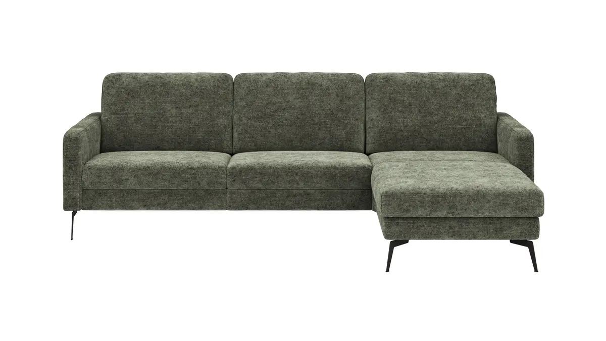 Ecksofa Enna - 3-Sitzer mit Longchair rechts, Armlehne A, Stoff, Olivgrün