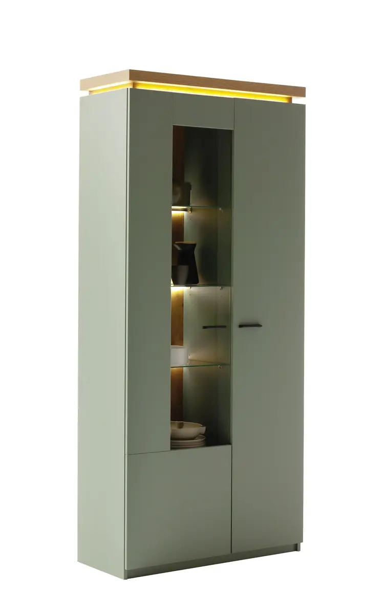 Vitrine - mit Beleuchtung, B ca. 88 cm, Salbeigrün, Eiche Evoke Nachbildung