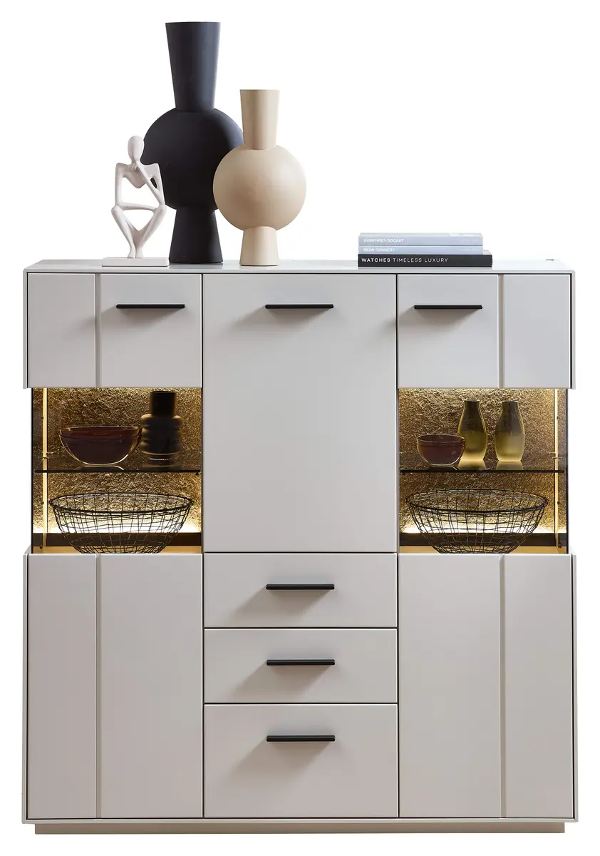 Highboard -  mit Beleuchtung, Creme Lack, Absetzung: Granit Steinfurnier