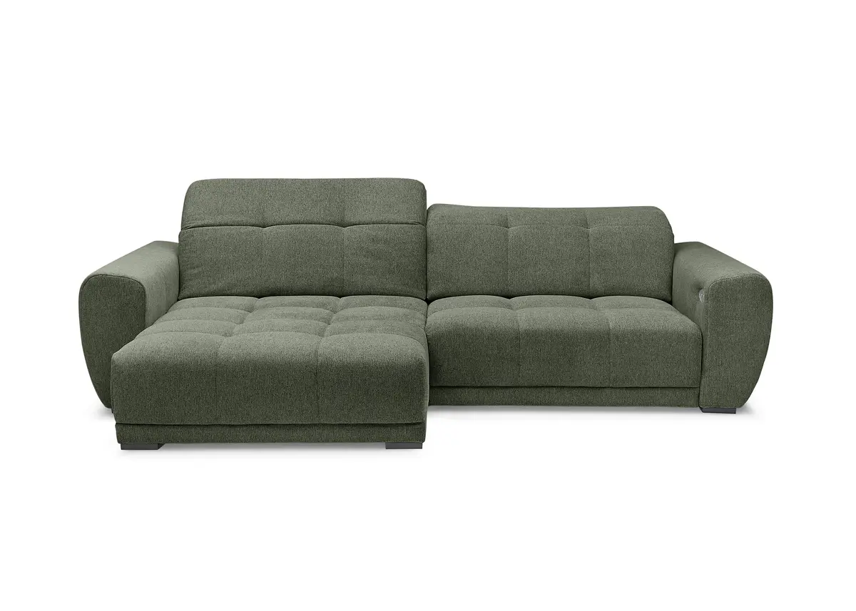 Ecksofa - Longchair links mit 2-Sitzer, Kopfteil verstellbar, Sitztiefe verstellbar motorisch, Stoff, Moos