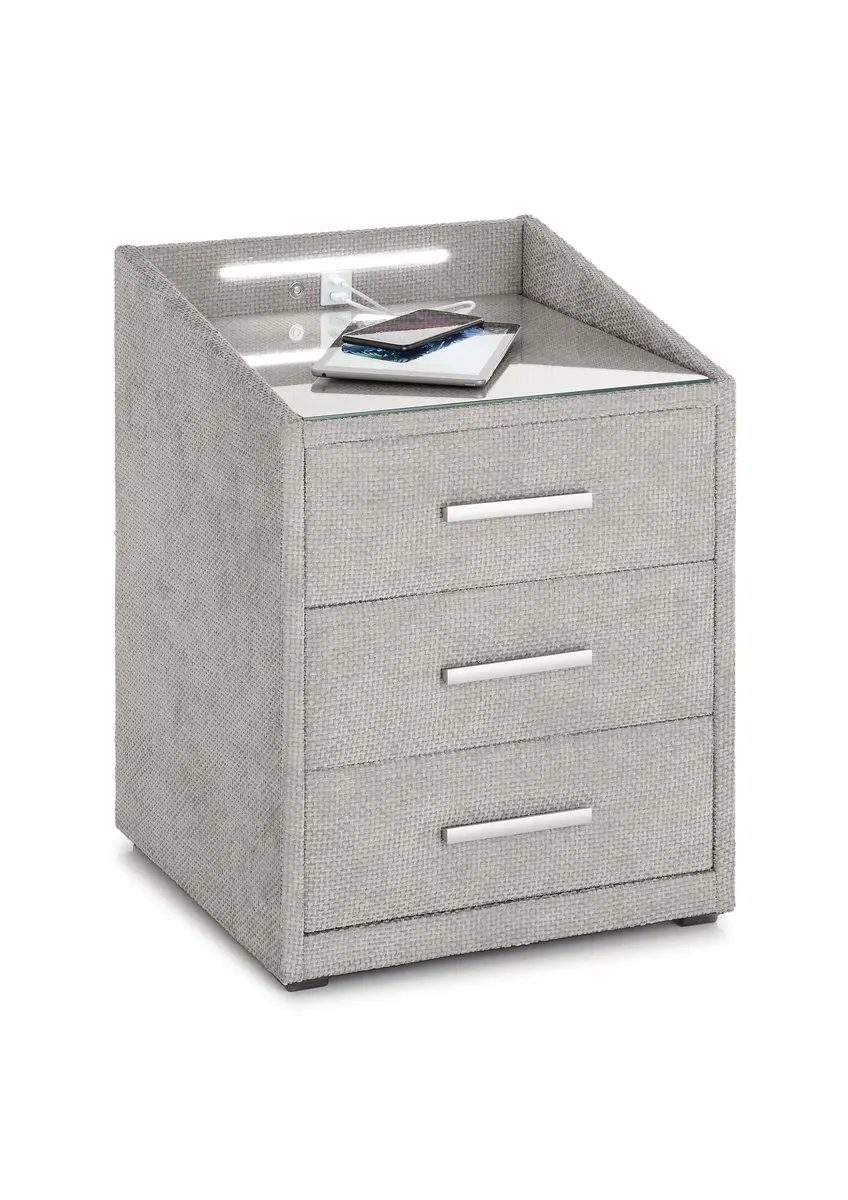 Nachttisch- Beige, mit Glasplatte, inkl. Beleuchtung