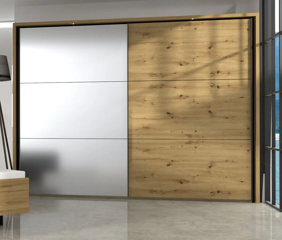 Schwebetürenschrank FARIDA - mit Passpartout, Beleuchtung, B. ca. 280 cm, Eiche Dekor