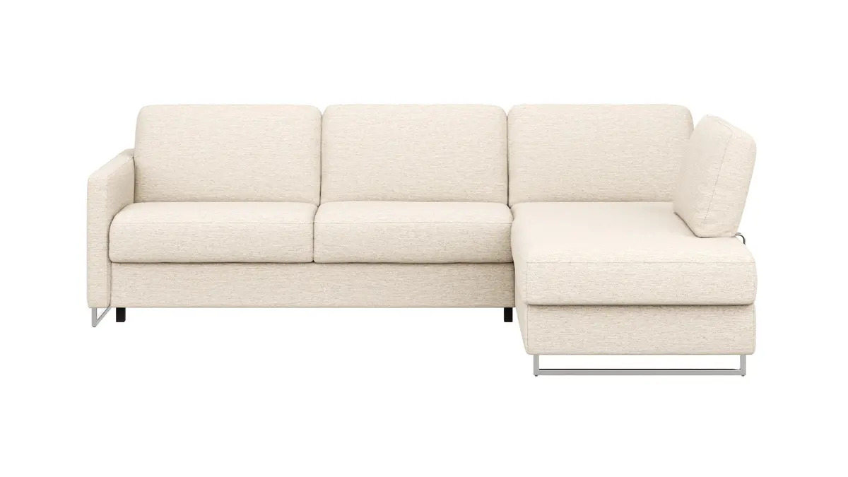 Ecksofa Nuoro - 2-Sitzer mit Longchair rechts inkl. Schlaffunktion und Bettkasten, Stoff, Beige