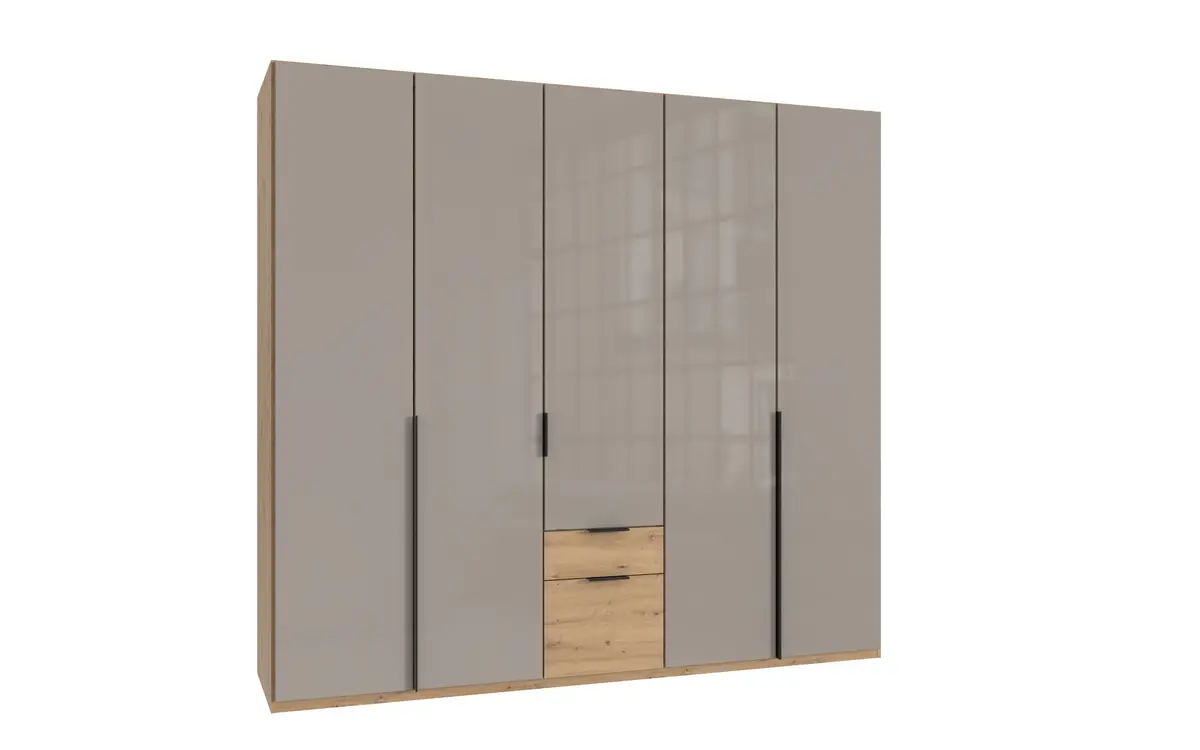 Drehtürenschrank WANJA- B ca. 225 cm, Eiche Dekor, Glas, Saharagrau