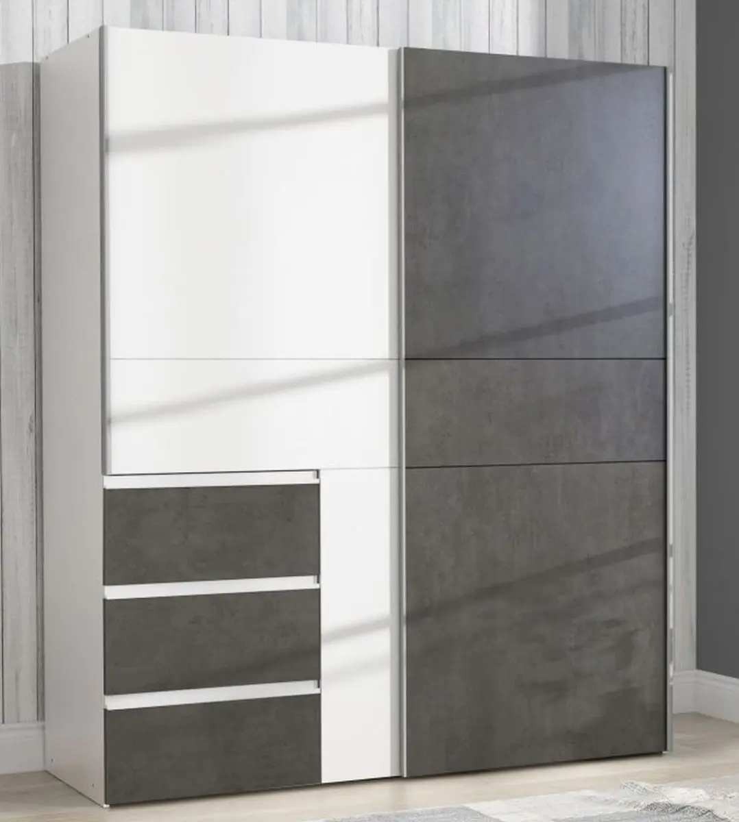 Schwebetürenschrank FJOLLA - B ca. 170,3 cm, Weiß, Betonoptik Dunkelgrau