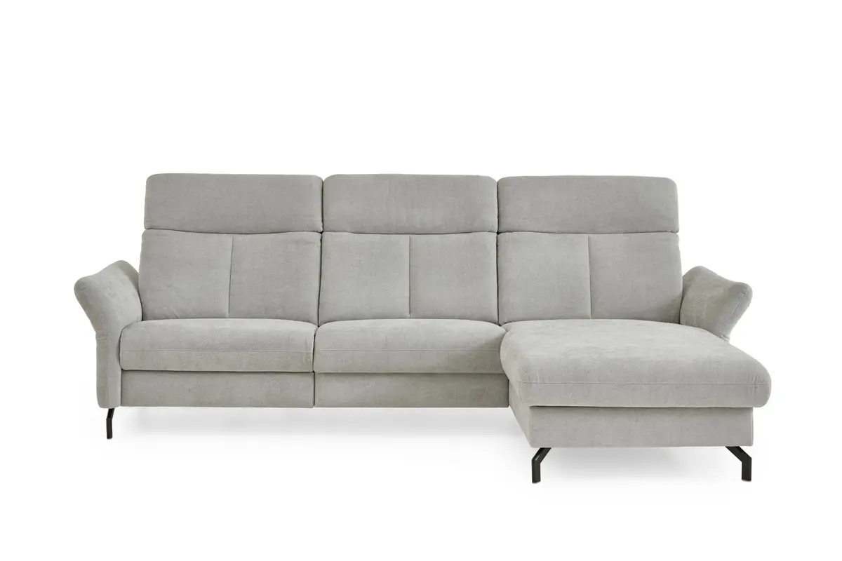 Ecksofa - 2-Sitzer mit Longchair rechts, Kopfteil verstellbar, Stoff, Silbergrau