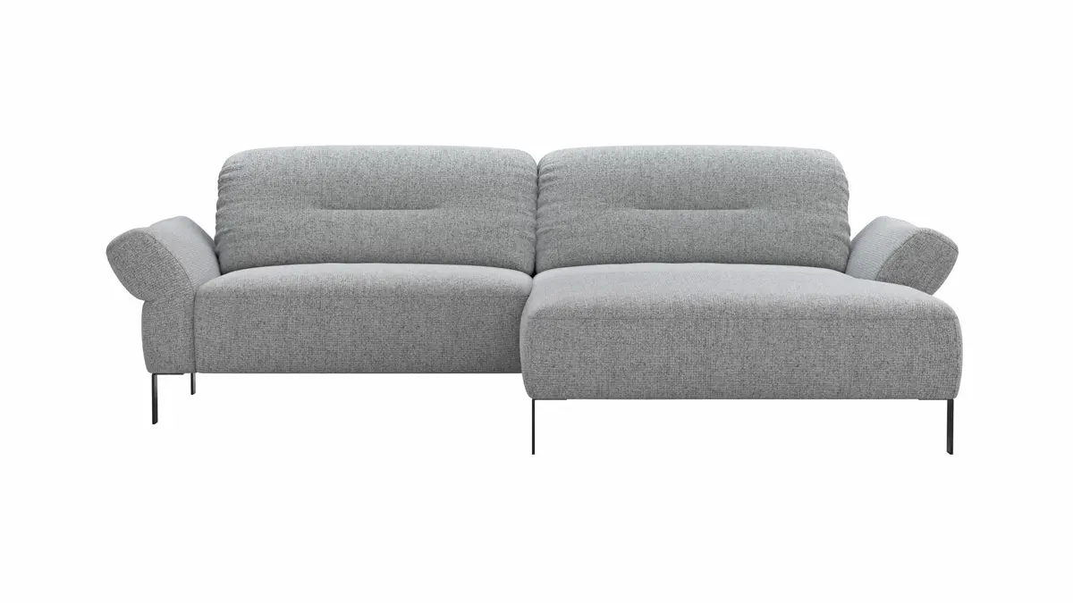 Ecksofa David - 1,5-Sitzer mit Longchair rechts inkl. Kopfstütze/Armlehne verstellbar, Stoff, Hellgrau