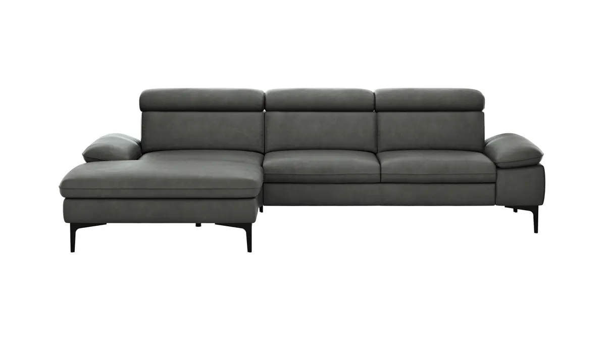 Ecksofa Felipa - Longchair links mit 2,5-Sitzer inkl. Kopfteil verstellbar, Leder, Grau