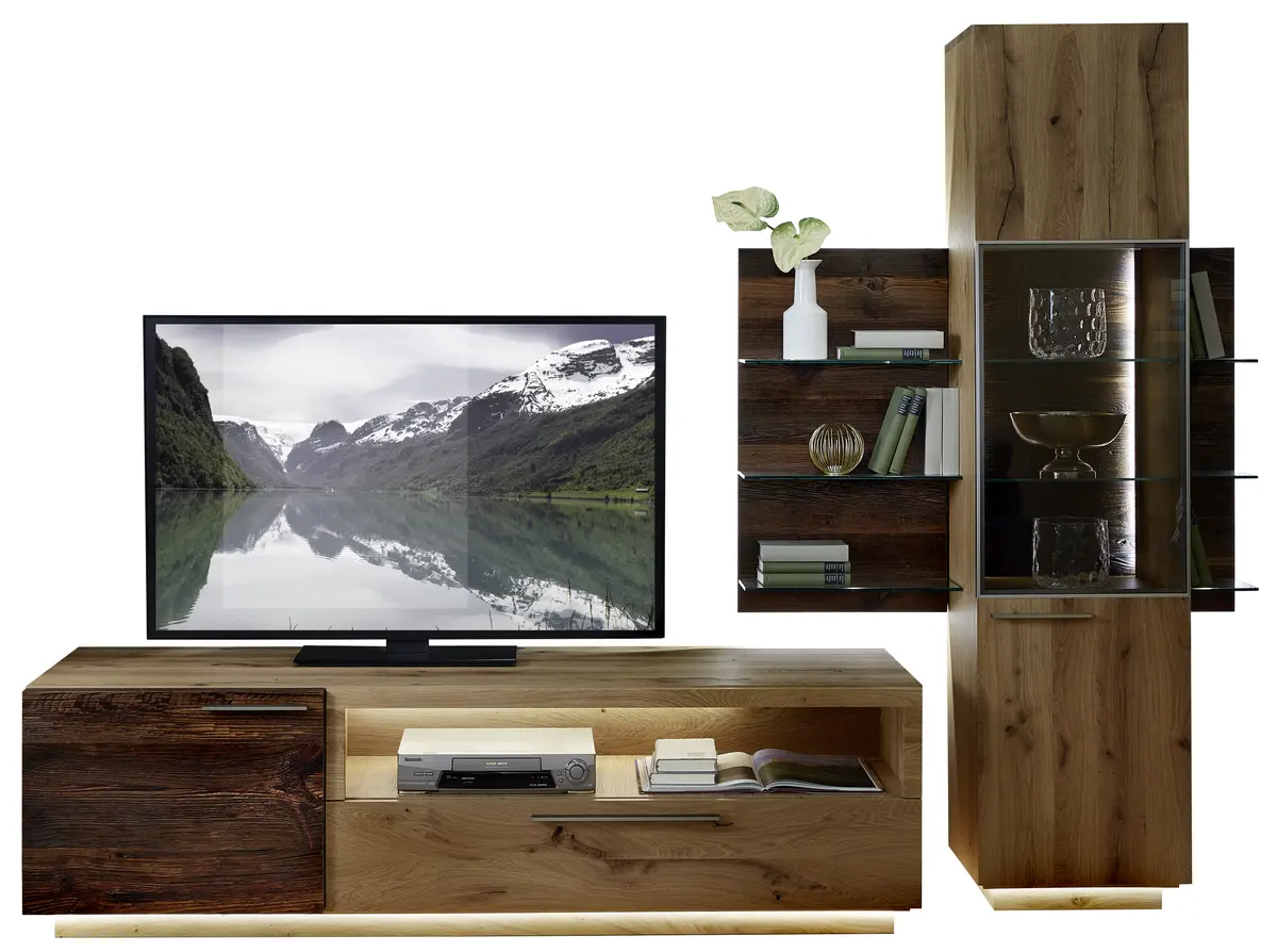 Wohnwand - mit Beleuchtung, Alteiche Furnier, Akzent Alm-Altholz