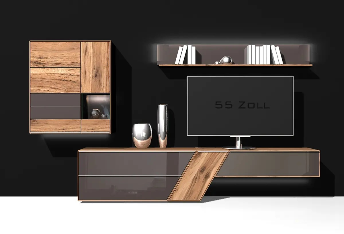 Wohnwand - mit Beleuchtung, Asteiche massiv, Akzent Glas, Anthrazit