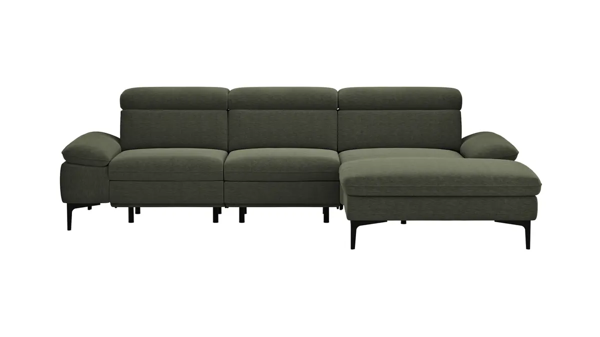 Ecksofa Felipa - 2,5-Sitzer mit Longchair rechts inkl. Armlehne verstellbar und Rückenlehne/Sitztiefe verstellbar (motorisch), Stoff, Dunkelgrün