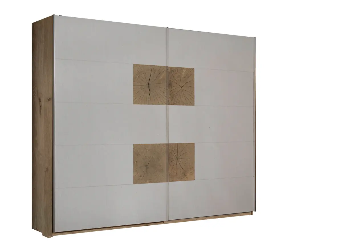 Schwebetürenschrank- B ca. 270 cm, Eiche Dekor, Hellgrau, Hirnholz