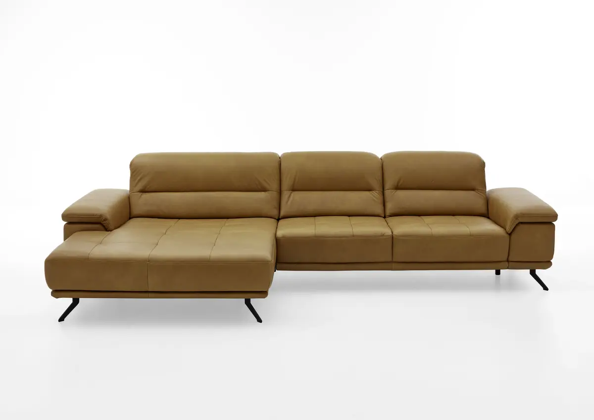 Ecksofa - 3-Sitzer mit Longchair links, Kopfteil verstellbar (manuell), Leder, Kurkuma