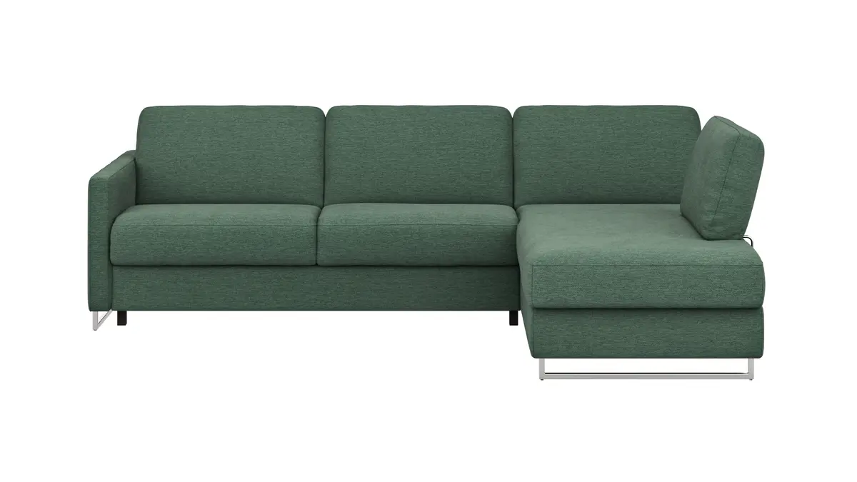 Ecksofa Nuoro - 2-Sitzer mit Longchair rechts inkl. Schlaffunktion und Bettkasten, Stoff, Dunkelgrün