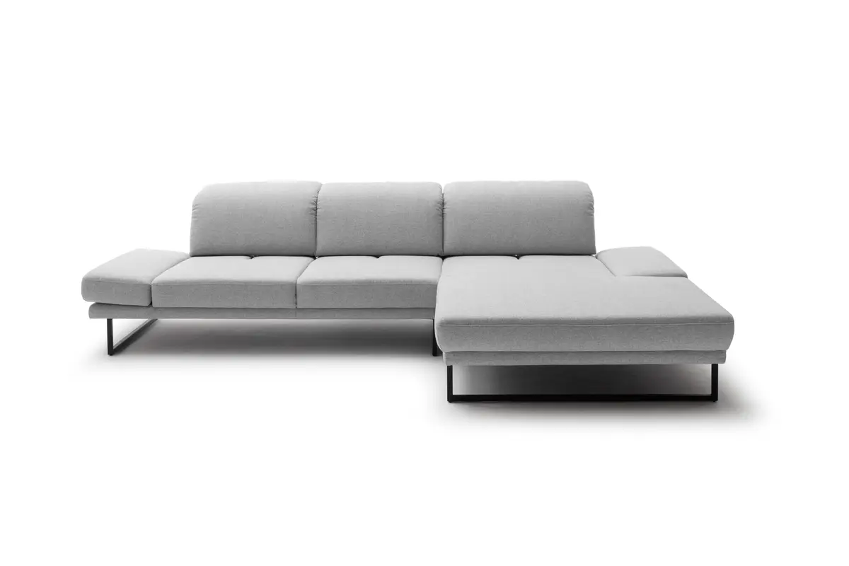 Ecksofa - 2-Sitzer mit Longchair rechts, Kopfteil/Sitztiefe verstellbar, Stoff, Hellgrau