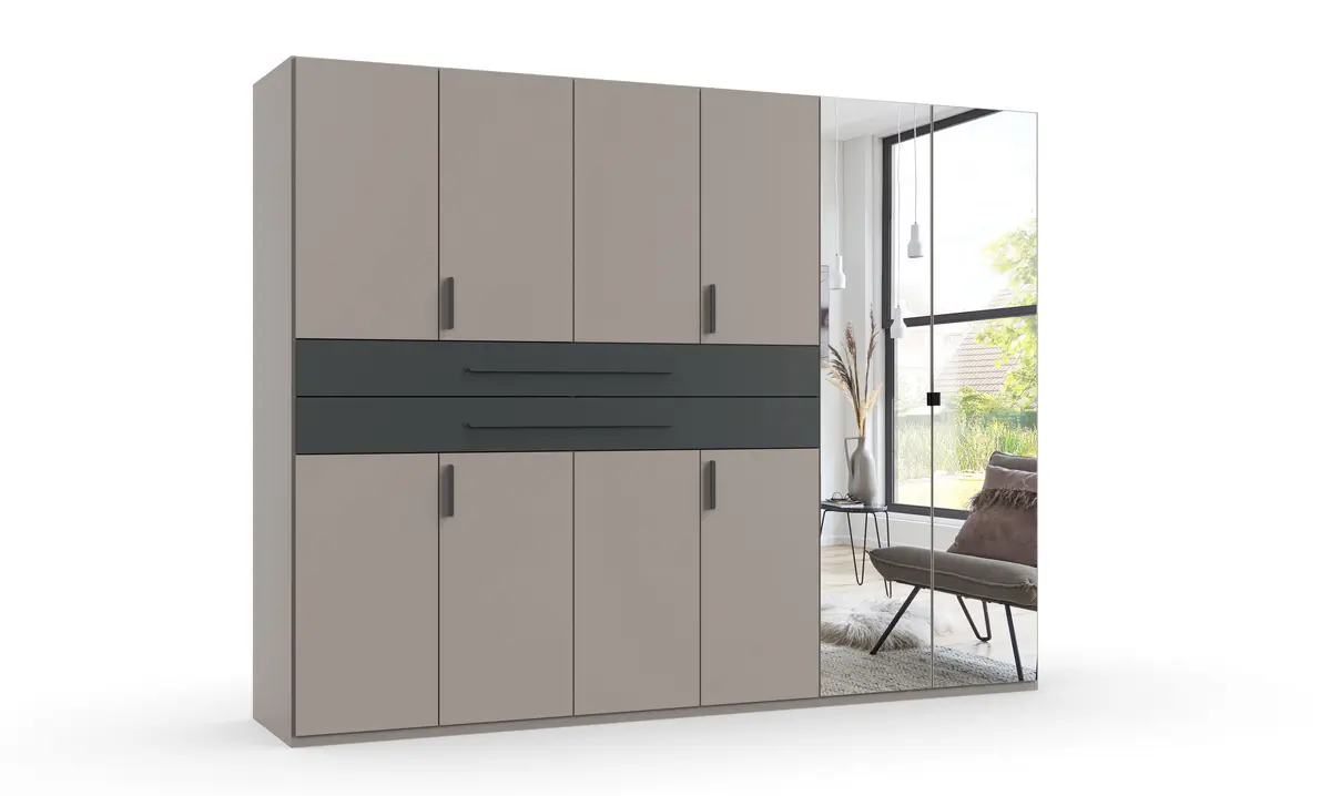 Drehtürenschrank- B ca. 270 cm, Saharagrau, Grafit, Spiegel
