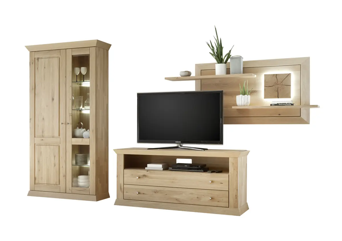 Wohnwand - mit Beleuchtung, Wildeiche massiv