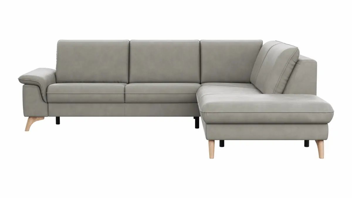 Ecksofa Tulsa KS - 2,5-Sitzer, Spitzecke und 1,5-Sitzer mit Anstellhocker rechts, Leder, Graubeige