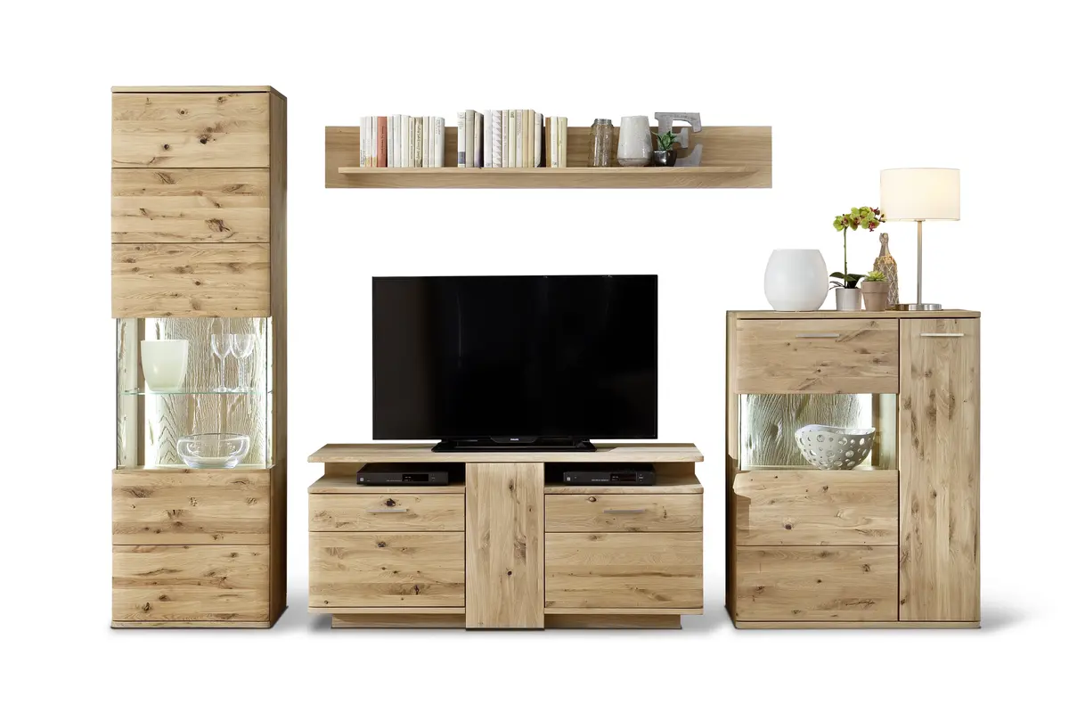 Wohnwand - mit Beleuchtung, Eiche teilmassiv