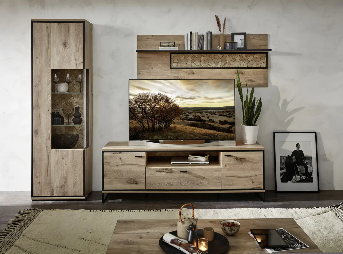 Wohnwand - mit Beleuchtung, Eiche