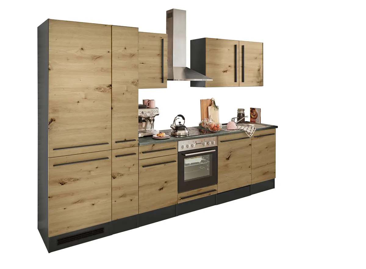 Küchenblock- Inkl. E-Geräte, B ca. 310 cm, Anthrazit, Eiche Dekor