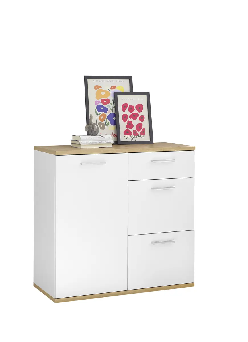 Kommode - B ca. 95 cm, Weiß, Artisan Eiche Nachbildung